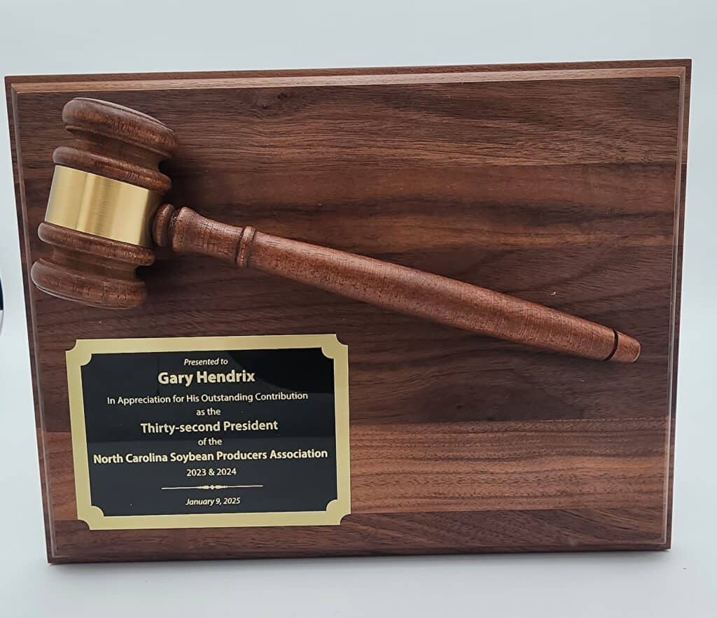 A wooden plaque featuring an attached gavel and a gold-bordered black inscription plate displaying an appreciation message for service as a president of an association.