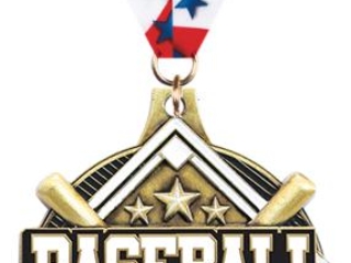 A baseball medal featuring crossed bats, a baseball, and the word "BASEBALL" in bold letters, with a ribbon decorated with blue stars and red stripes.