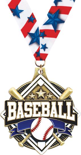 A baseball medal featuring crossed bats, a baseball, and the word "BASEBALL" in bold letters, with a ribbon decorated with blue stars and red stripes.