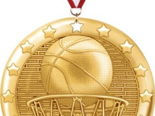 A gold medal with a basketball and hoop design, featuring star embellishments around the edge and a red, white, and blue ribbon attached.
