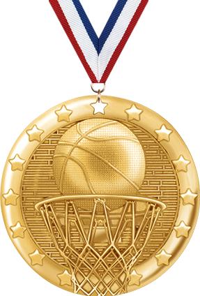 A gold medal with a basketball and hoop design, featuring star embellishments around the edge and a red, white, and blue ribbon attached.