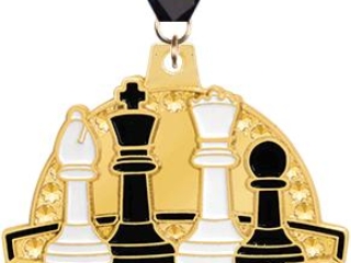A gold chess medal featuring chess pieces and the word 'CHESS' with a decorative ribbon attached.
