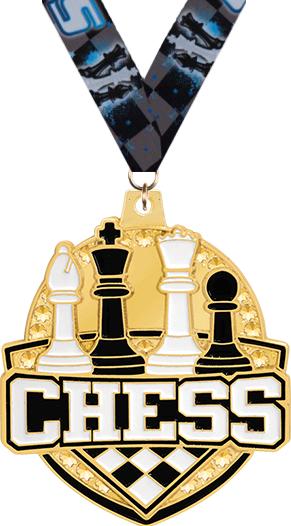 A gold chess medal featuring chess pieces and the word 'CHESS' with a decorative ribbon attached.