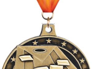 A bronze sports medal for cornhole, featuring an image of a cornhole board with bags and the word 'CORNHOLE' engraved below, suspended from an orange, white, and black ribbon.