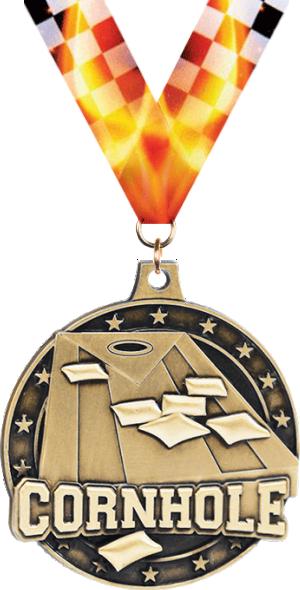 A bronze sports medal for cornhole, featuring an image of a cornhole board with bags and the word 'CORNHOLE' engraved below, suspended from an orange, white, and black ribbon.