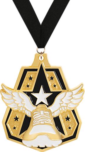 A gold sports medal with a design featuring a winged sneaker and a star, suspended from a black ribbon.