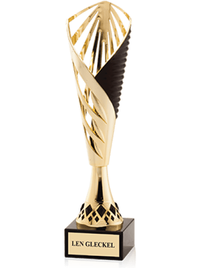 A gold and black sports trophy with a spiral design mounted on a black base with a nameplate.