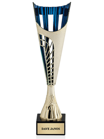 A modern sports trophy with a tall, elegant design, featuring a blue and silver metallic finish. It is mounted on a black base with a gold nameplate displaying the text "DAVE JANOS."
