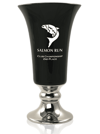A black and silver trophy cup with "Salmon Run Club Championship 2nd Place" engraved on the front, featuring a fish design above the text.