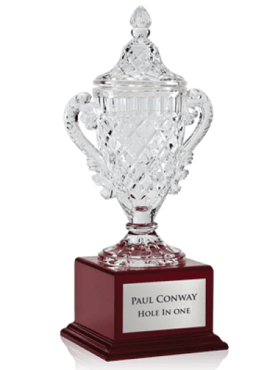 A crystal sports trophy cup with engraved handles, mounted on a wooden base, featuring an inscription that reads "Hole in One."