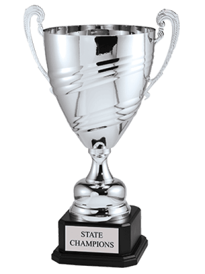 A silver trophy cup with two handles, mounted on a black base with a plaque that reads 'State Champions.'