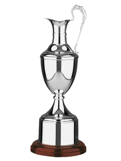 A silver sports trophy cup with a wooden base and a handle, resembling a pitcher or jug design.