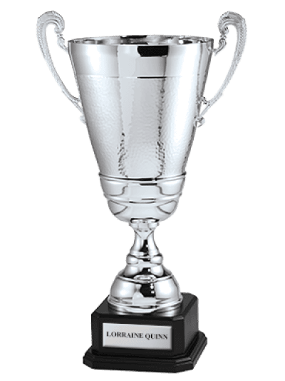 A large silver sports trophy cup with two handles, standing on a black base with a plaque that reads 'LORRAINE QUINN'.