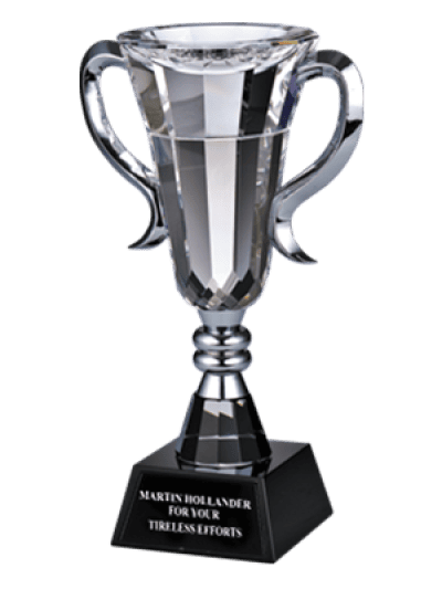 A crystal sports trophy cup with two handles, mounted on a black base with an inscription that reads "For your tireless efforts."