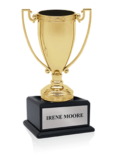 A gold trophy cup with two handles, mounted on a black base that has a plaque labelled "Irene Moore."