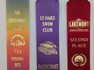 Three award ribbons displayed vertically; the left is a gradient from blue to red for 'THE GREENWAY CLUB' with 'TSA PERSONAL BEST,' the center is purple for '12 OAKS SWIM CLUB' with 'TORPEDOES PARTICIPANT,' and the right is red for 'THE LAKEMONT SWIM &amp; TENNIS CLUB' with 'SECOND PLACE.'