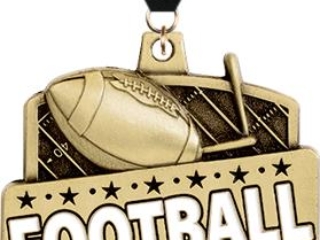 A gold football medal with an image of a football and helmet, featuring the word 'FOOTBALL' embossed across the front. The medal hangs from a black and white ribbon with images of footballs and helmets.