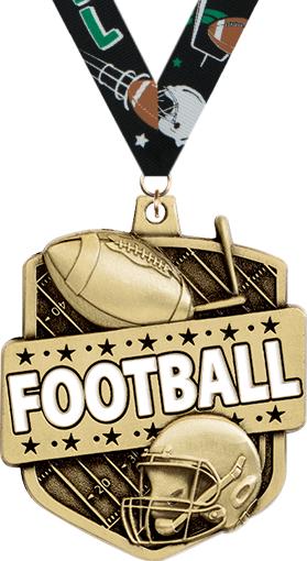 A gold football medal with an image of a football and helmet, featuring the word 'FOOTBALL' embossed across the front. The medal hangs from a black and white ribbon with images of footballs and helmets.