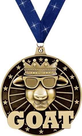 Gold-toned medal with a depiction of a goat wearing a crown and sunglasses, and the acronym 'GOAT' below, attached to a dark blue ribbon.