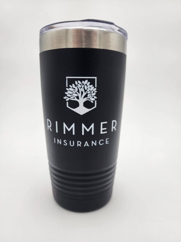 A black tumbler with a silver lid featuring the logo and text for Rimmer Insurance, depicting a stylized tree within a shield outline.