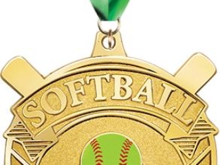A gold softball medal featuring a green and yellow softball in the center, surrounded by a baseball diamond design with crossed bats, and "SOFTBALL" written above. The medal is attached to a green ribbon.