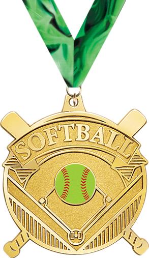 A gold softball medal featuring a green and yellow softball in the center, surrounded by a baseball diamond design with crossed bats, and "SOFTBALL" written above. The medal is attached to a green ribbon.
