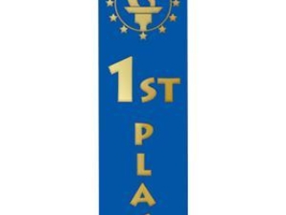 A blue award ribbon with gold lettering displaying "1st Place" and a torch emblem with stars above it.
