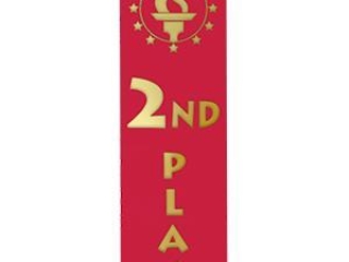Red 2nd place award ribbon with gold lettering and a torch emblem at the top.