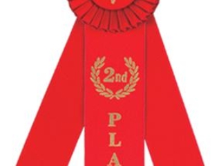 A red award ribbon with gold text that reads '2nd Place' and features a laurel wreath design.
