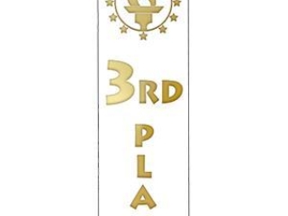 A white award ribbon indicating "3rd Place" in gold letters, with an emblem depicting a torch surrounded by stars at the top.