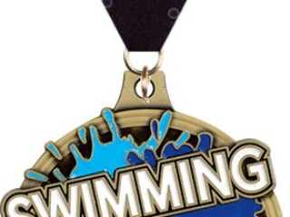 A gold medal with a swimmer illustration, featuring the word "SWIMMING" in large letters, attached to a decorative blue ribbon.
