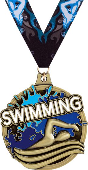 A gold medal with a swimmer illustration, featuring the word "SWIMMING" in large letters, attached to a decorative blue ribbon.