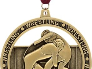 A gold wrestling medal featuring two wrestlers in a grappling pose, surrounded by the word 'WRESTLING' repeated along the rim. The medal is attached to a red ribbon.