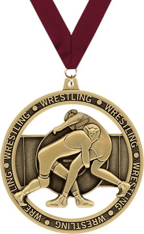 A gold wrestling medal featuring two wrestlers in a grappling pose, surrounded by the word 'WRESTLING' repeated along the rim. The medal is attached to a red ribbon.