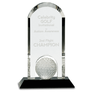 9" Clear Crystal Dome with Inset Golf Ball on Black Pedestal Base