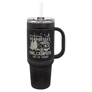 Polar Camel 40 oz. Black with Black/Silver Laserable Leatherette Travel Mug with a Handle & Straw