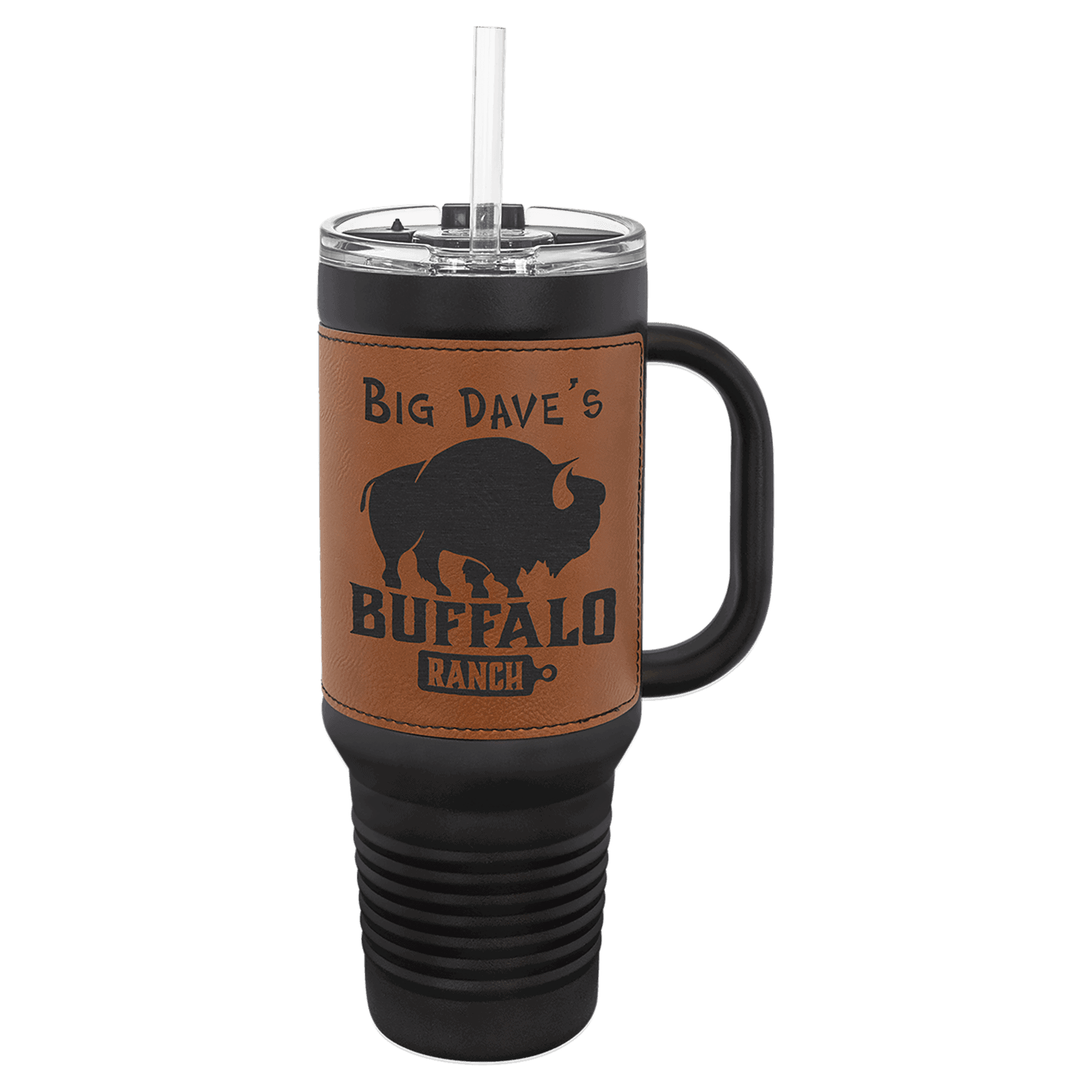 Polar Camel 40 oz. Black with Black/Silver Laserable Leatherette Travel Mug with a Handle & Straw