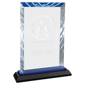 8" Clear Rectangle Accent Glass on Black and Blue Reflective Base