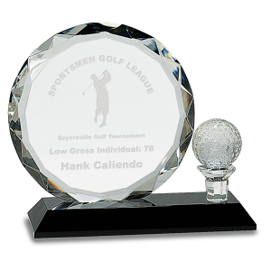 6 1/2" Round Facet Crystal with Golf Ball on Black Pedestal Base