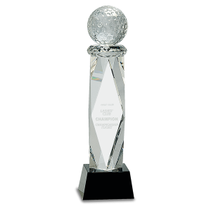 10 3/4" Clear Crystal Golf Ball on Facet Column w/Black Base