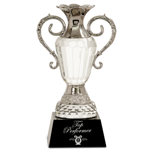 10" Crystal Cup with Silver Metal Handles on Black Pedestal Base