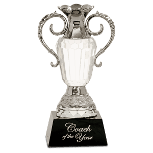 8" Crystal Cup with Silver Metal Handles on Black Pedestal Base