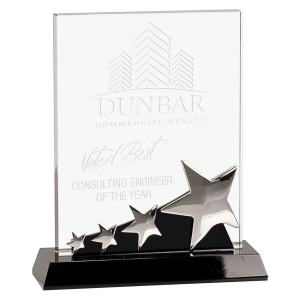 7" Rectangle Crystal with Silver Stars on Black Pedestal Base