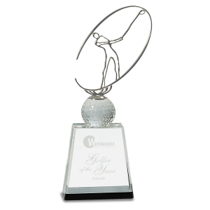 11" Clear/Black Crystal Golf Award with Silver Metal Oval Figure