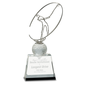 10" Clear/Black Crystal Golf Award with Silver Metal Oval Figure