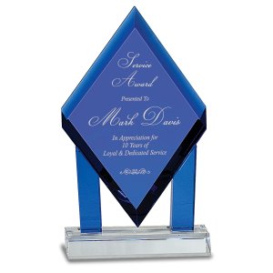 8 3/4" Blue Crystal Floating Diamond with Blue Columns on Clear Base