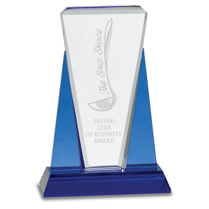 6" x 8 1/2" Blue/Clear Wedge Crystal on Blue Pedestal Base
