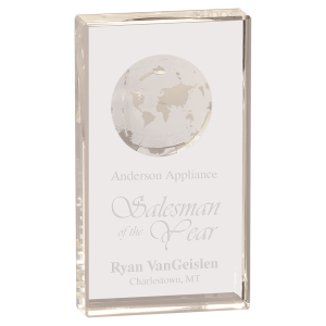 7" Clear Crystal Rectangle with Globe Etching