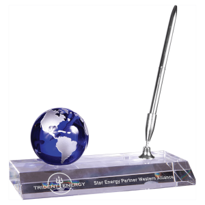 7" x 3" Blue Crystal Globe with Base and Pen