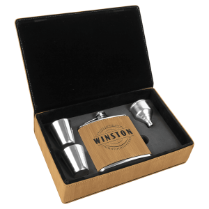 6 oz. Bamboo Laserable Leatherette Flask Gift Set